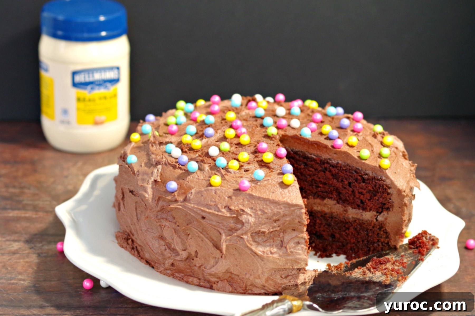 Close-up of the moist Chocolate Mayonnaise Cake, showing the rich chocolate color and tender crumb.