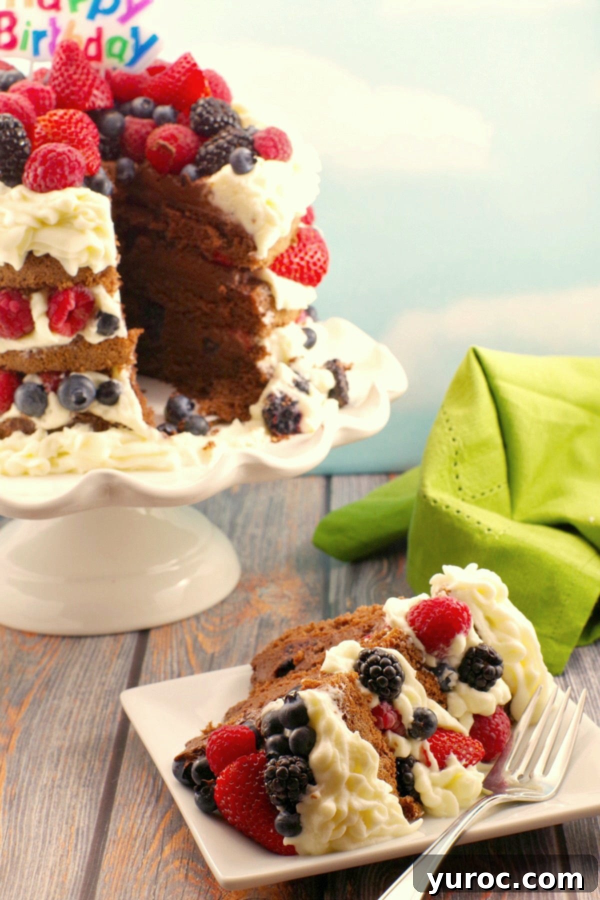 Chocolate Italian Sponge Cake with summer berries- sliced