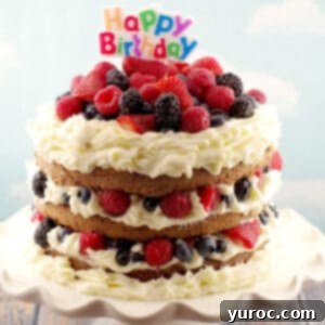 chocolate genoise sponge cake on a white platter with a happy birthday sign on top