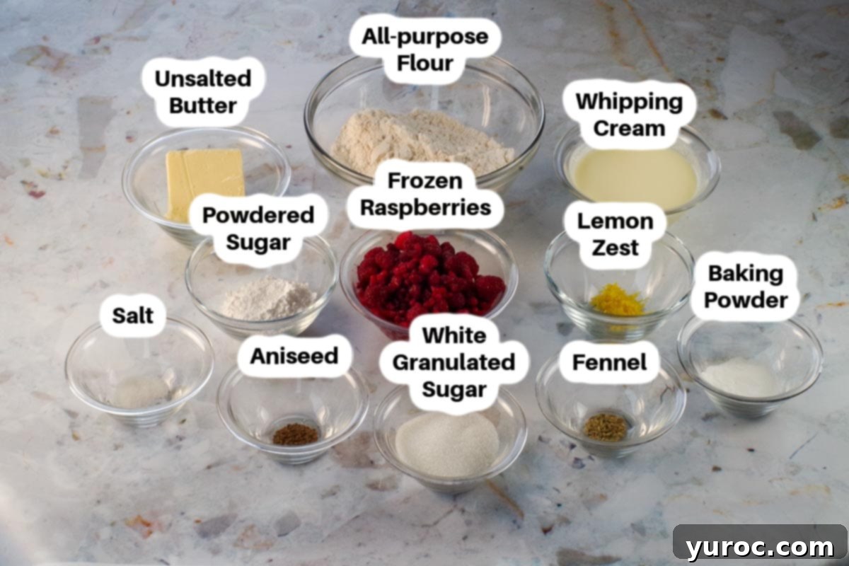 Raspberry Lemon scone ingredients in glass bowls, labelled.