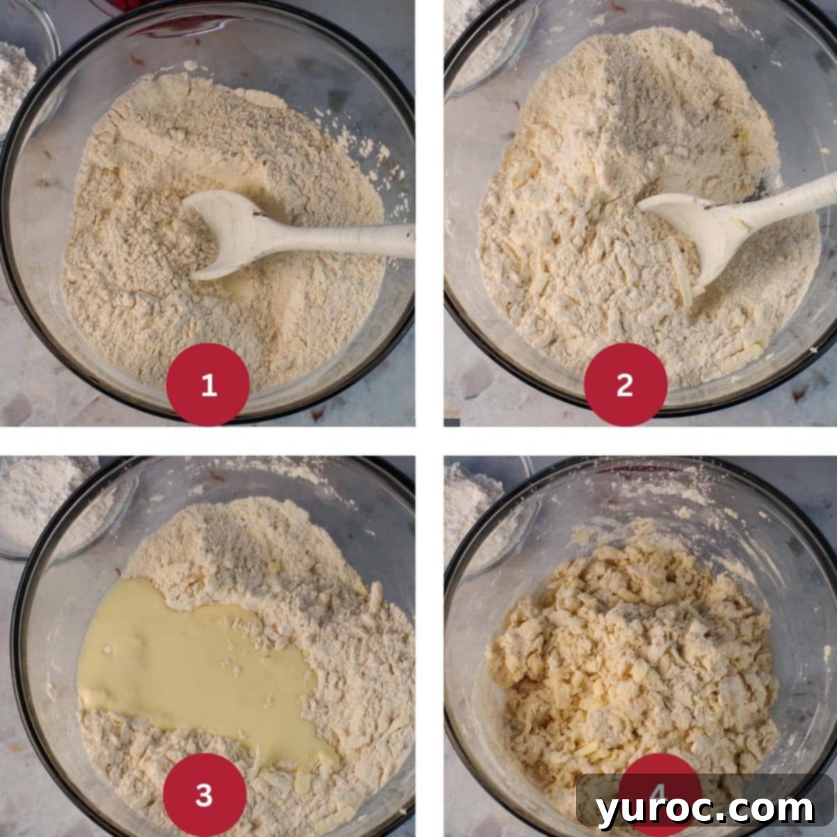 Collage of 4 photos of Raspberry Lemon Scones dough being made.