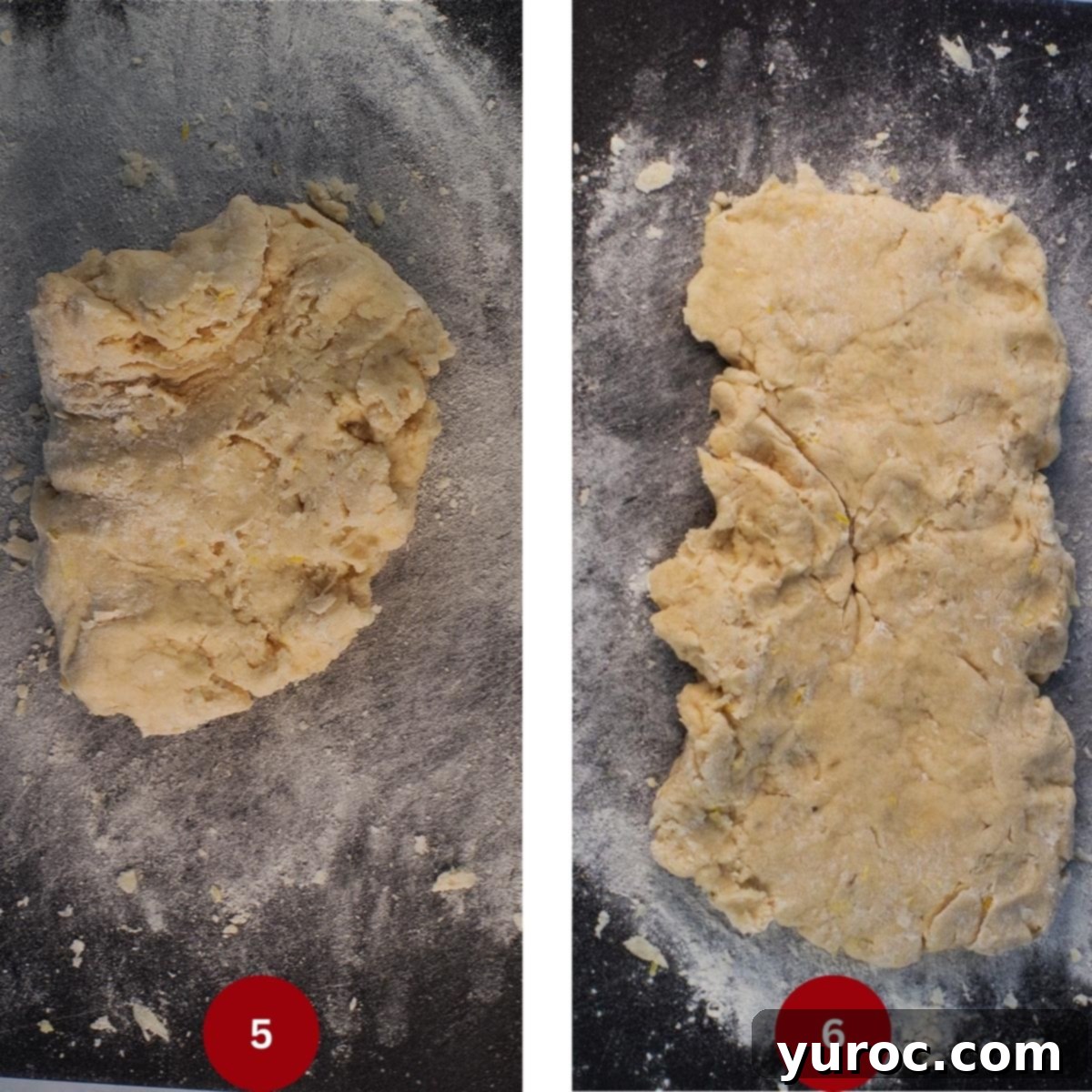 Collage of 2 photos of dough being shaped for raspberry lemon scones.
