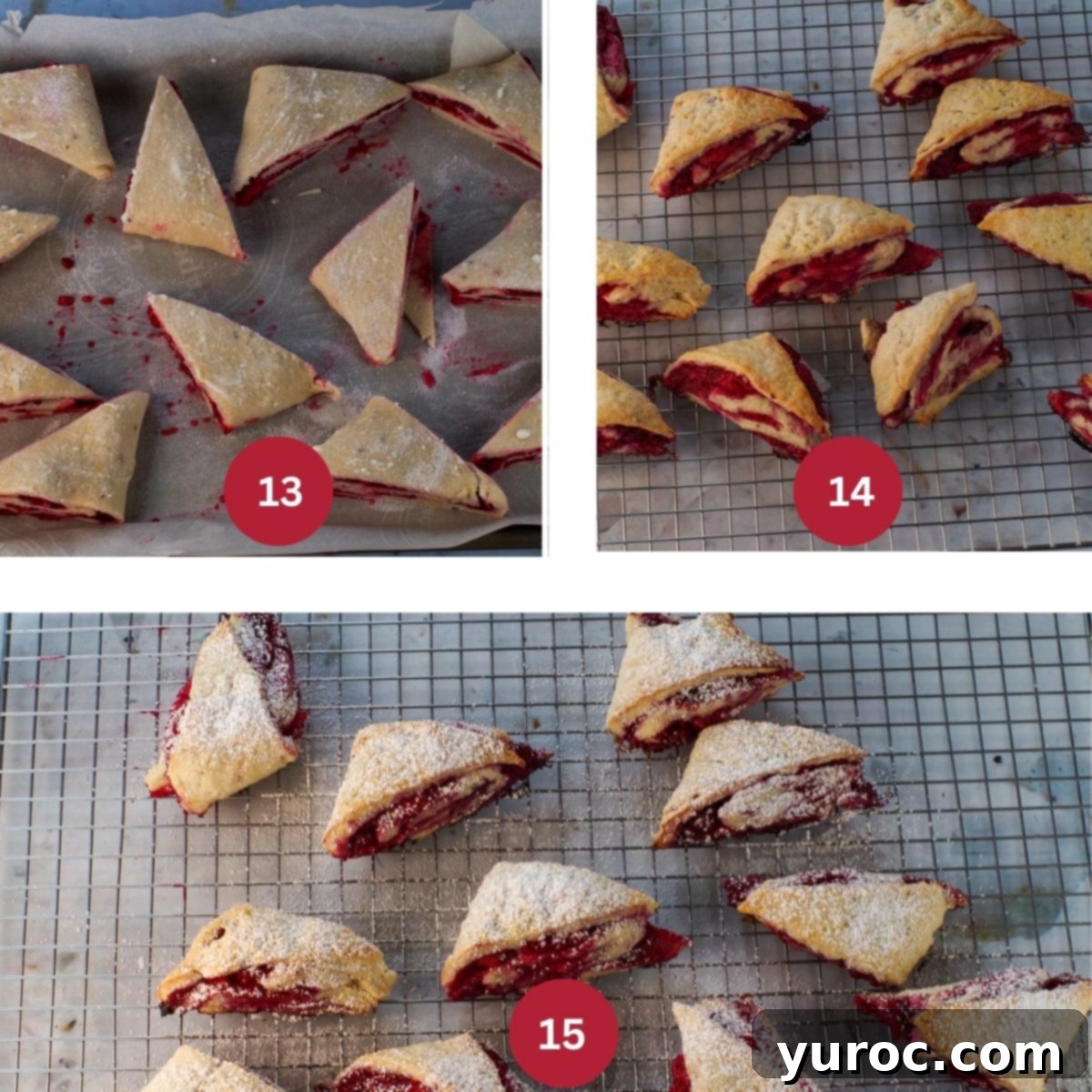 3 photo collage of lemon raspberry scones being prepped, baked and cooled.