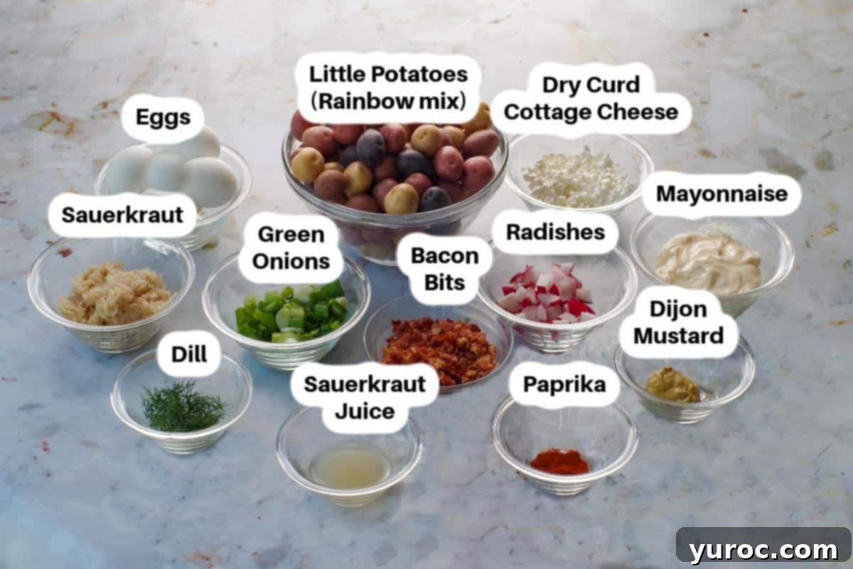 Signature Pierogi Potato Salad 3 Ingredients in Pierogi Potato salad, in glass bowls, labelled.