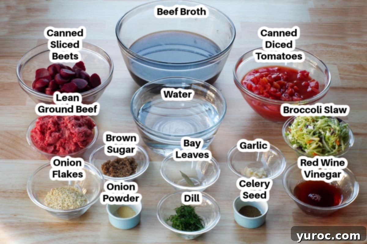 Easy Beef Borscht with Canned Beets 3 Ingredients in Beef Borscht in glass bowls, labelled