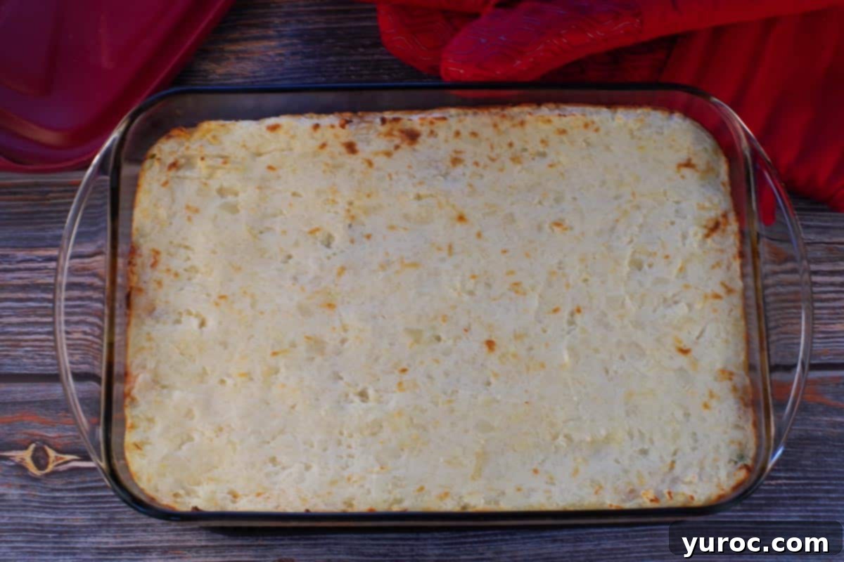 Smart Turkey Shepherd's Pie 11 Baked Shepherd's Pie with ground turkey in a 9x13 glass casserole dish, with red oven mitts in the background, showing a golden brown potato crust.