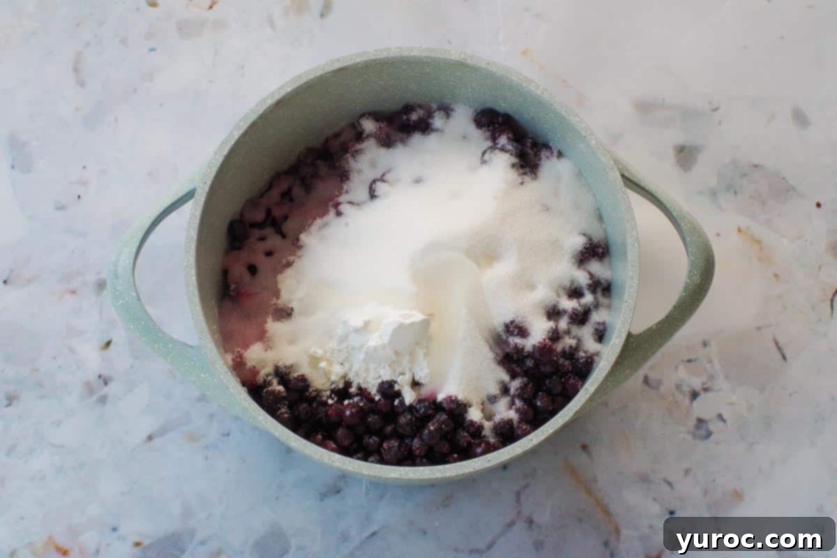 Saskatoon Berry Pie: Mastering the Filling and Sauce 4 Saskatoon Berry Pie Filling/sauce ingredients in blue pot on countertop.