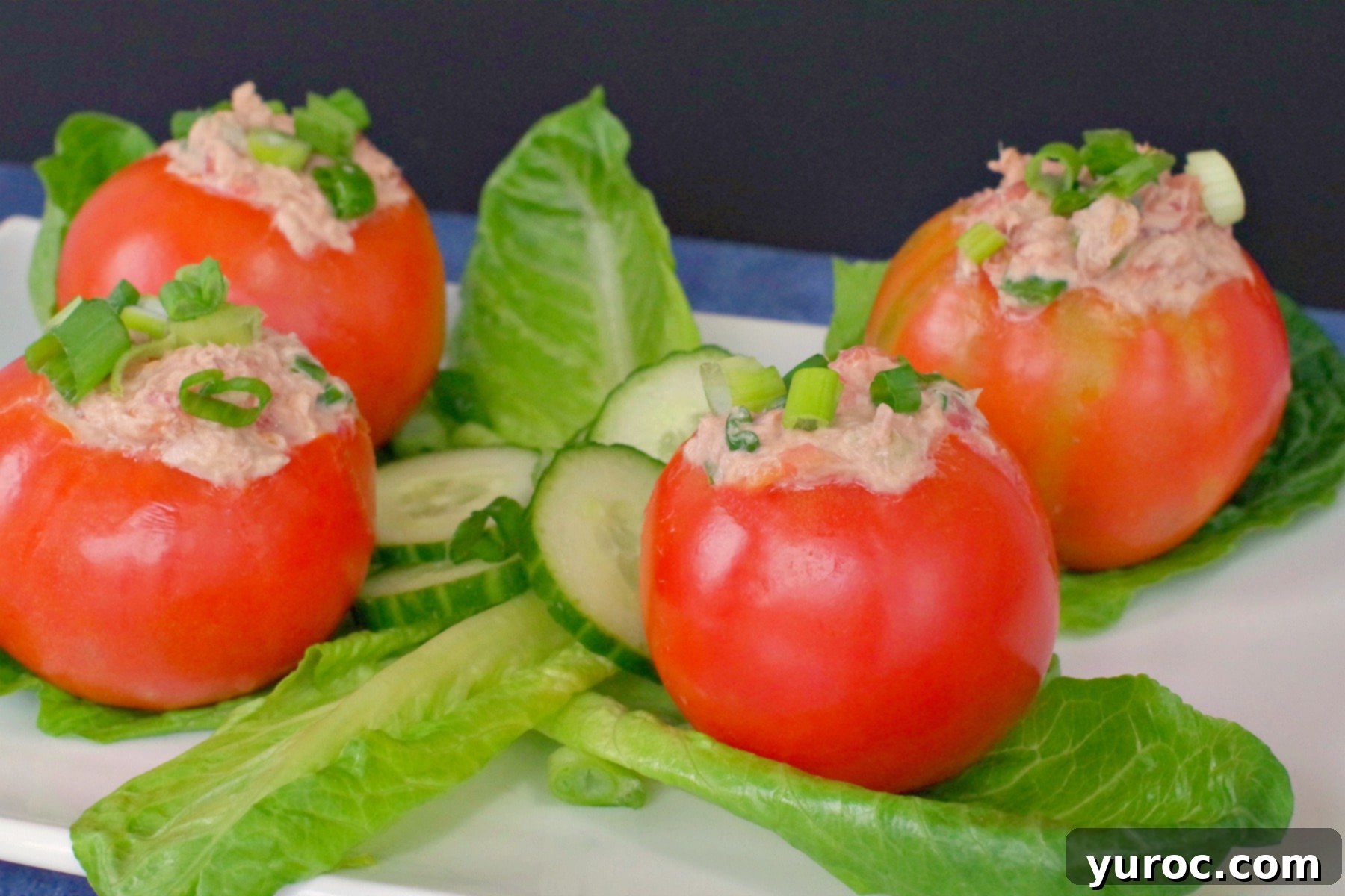 Stuffed Tomatoes with Tuna on platter with lettuce and cucumbers