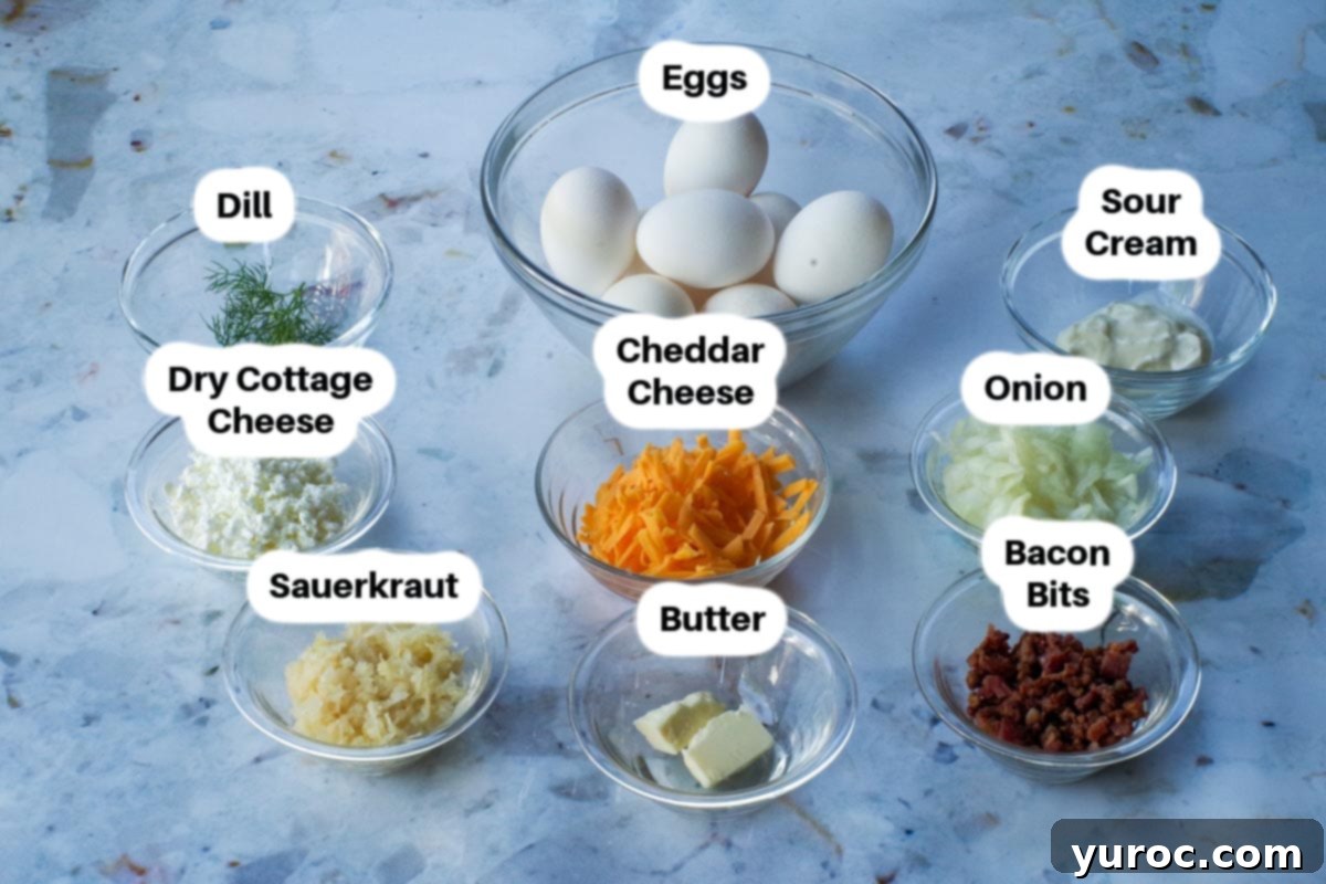 Various ingredients for Ukrainian style eggs, including cheese, bacon bits, and sauerkraut, in glass bowls.