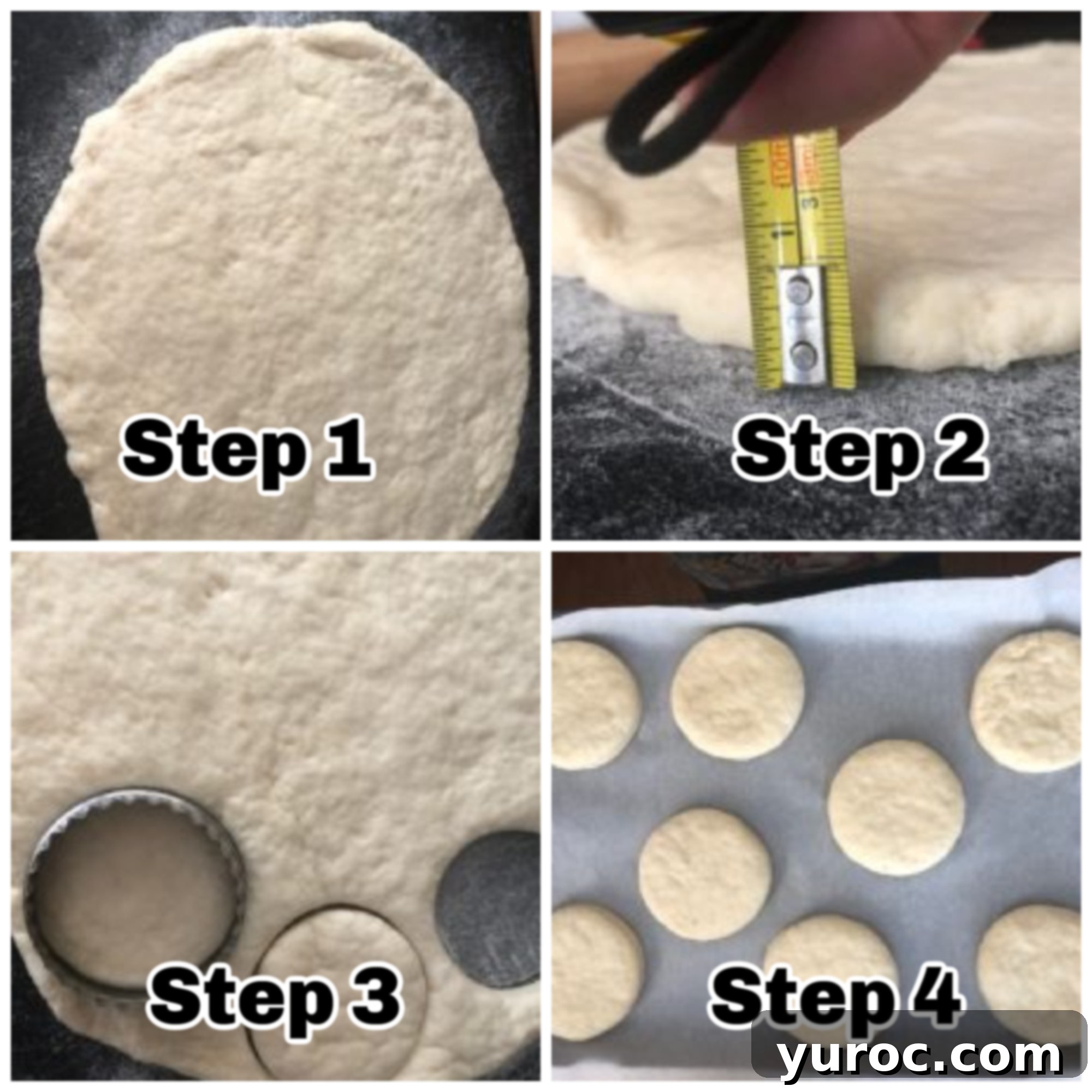 A collage of four photos showing the step-by-step process of making baking powder biscuits: mixing dry ingredients, cutting in shortening, combining wet and dry, and rolling out the dough.