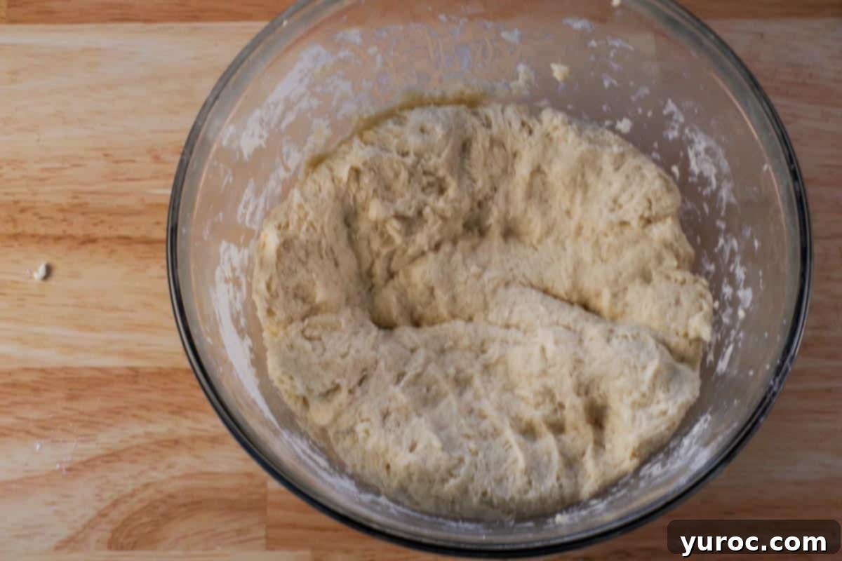 Biscuit dough being kneaded gently in a large glass bowl, developing its structure without overworking the gluten.