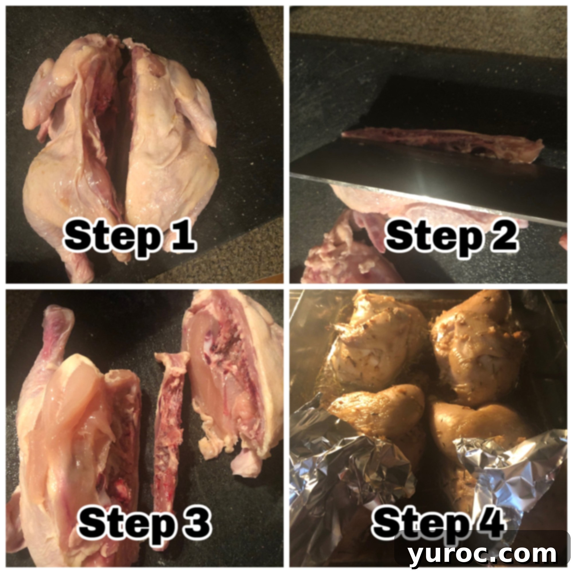 collage of 4 photos showing steps to making cornish hens