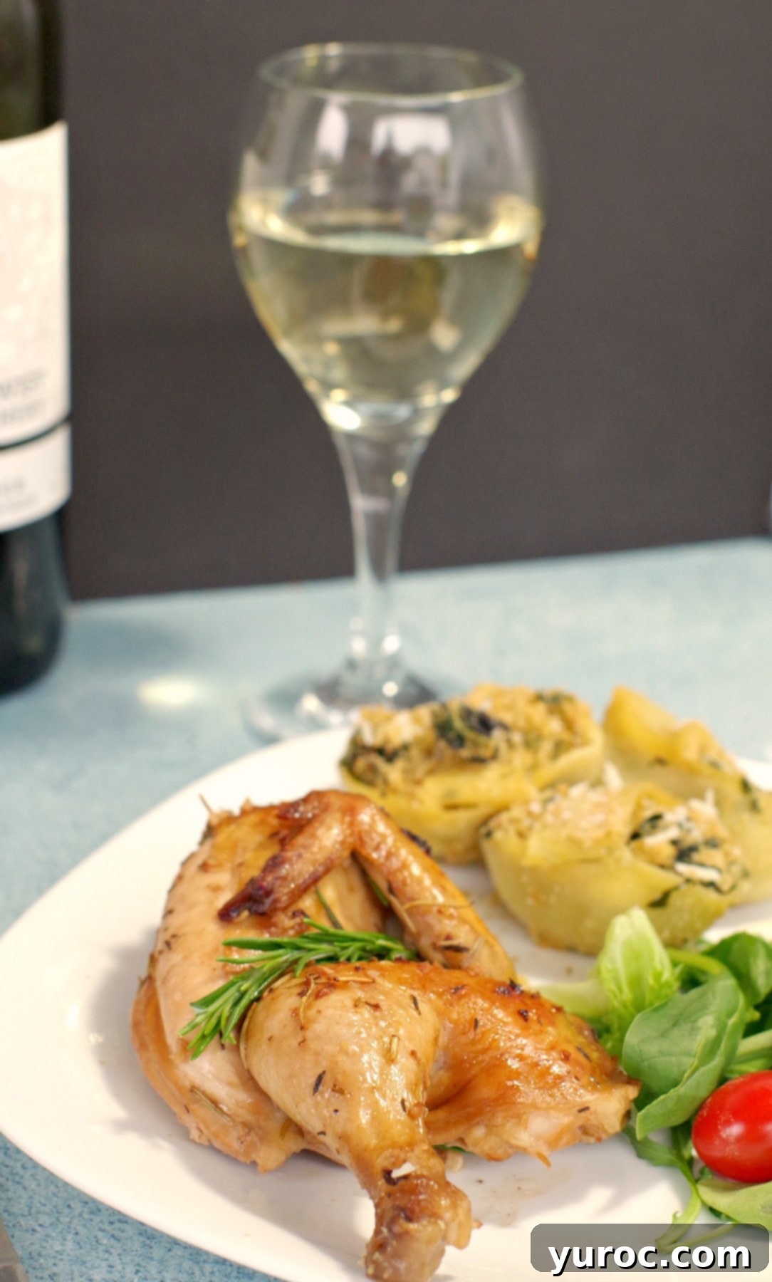 Cornish Hen on plate with pasta, salad and glass of wine in the background