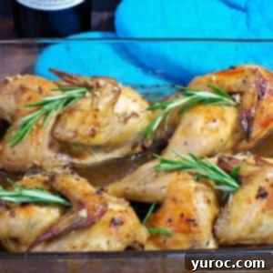cornish game hens with rosemary wine sauce in a glass dish with blue oven mitts in background