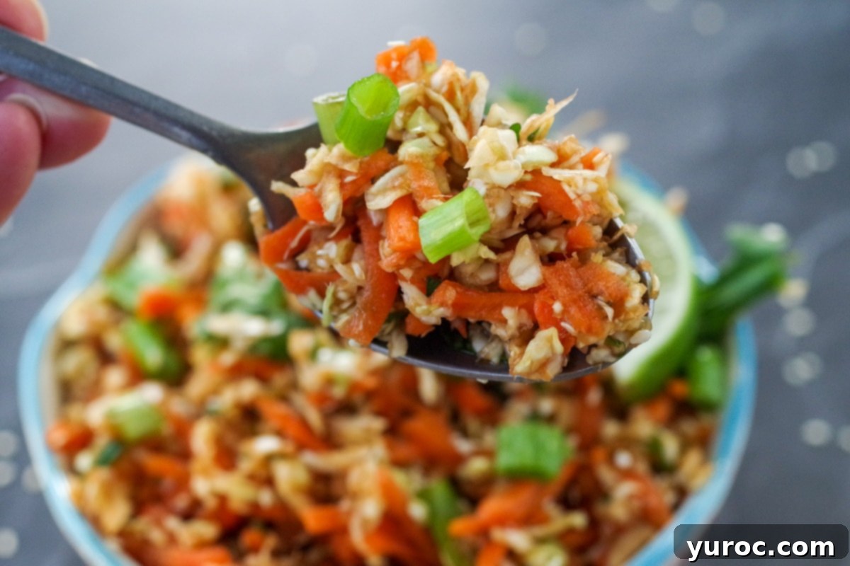 Guilt-Free Coleslaw 3 Close-up shot of a spoon lifting a portion of healthy Asian coleslaw salad from a bowl