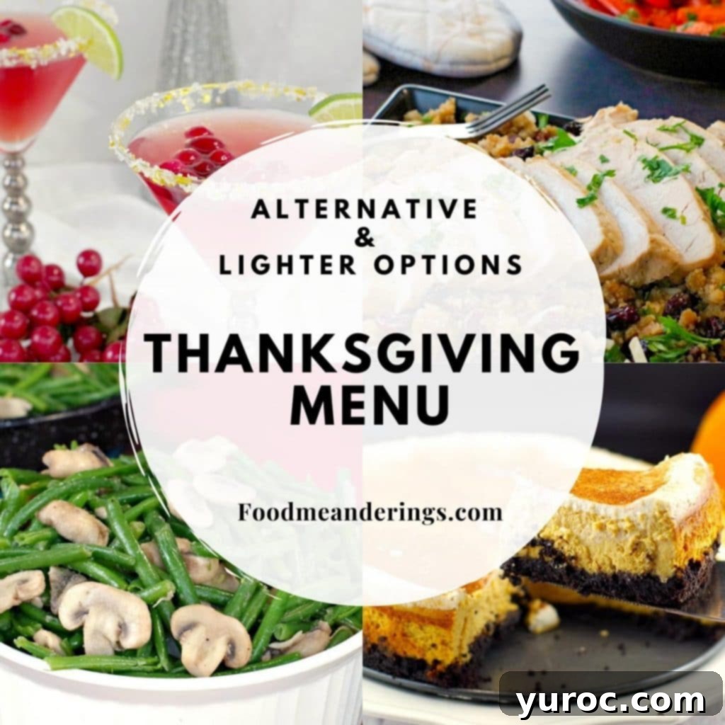 Collage of 4 photos of Thanksgiving recipes including stuffing, turkey, and desserts with black text on a white circle in the middle