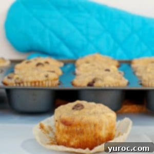 Wholesome Banana Pineapple Chocolate Chip Muffins 8 healthy chocolate chip banana muffins in muffin tin in background, with muffin on wrapper in front