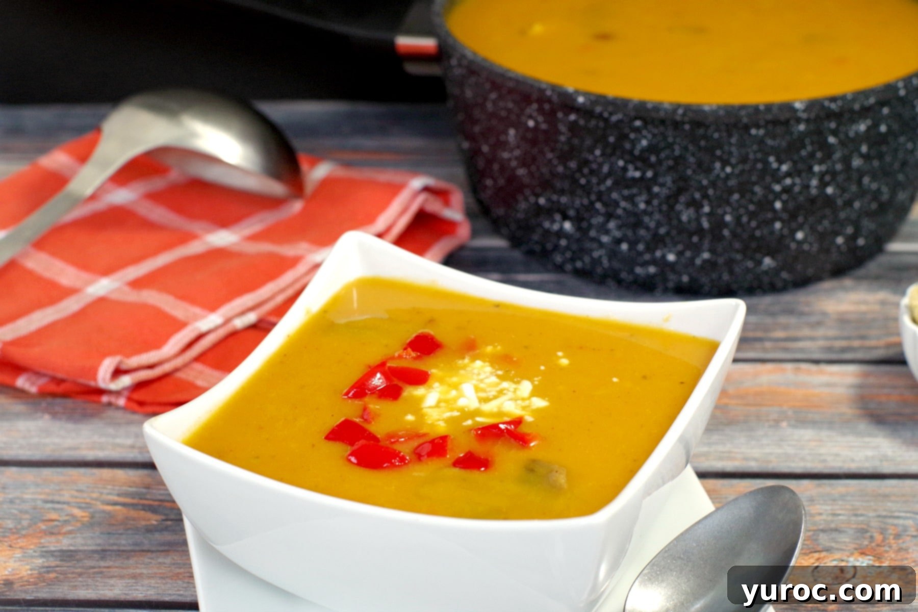 Pumpkin soup in white bowl