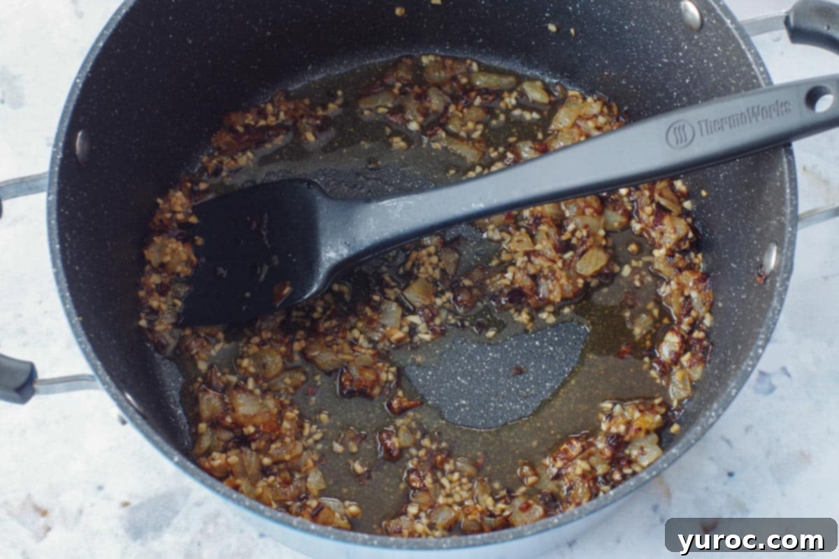 garlic and onions caramelized in a pot