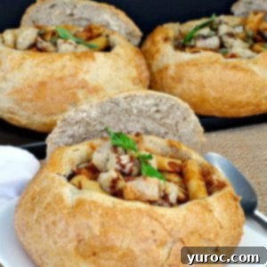 Tuscan Panzanella Pasta Soup 10 3 bread bowls filled with Panzanella Pasta Soup (back 2 on black tray)