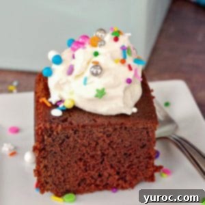 Heirloom Sour Cream Chocolate Cake 11 Old fashioned chocolate sour cream cake on a white plate with whipped cream and sprinkles on top and fork on the side