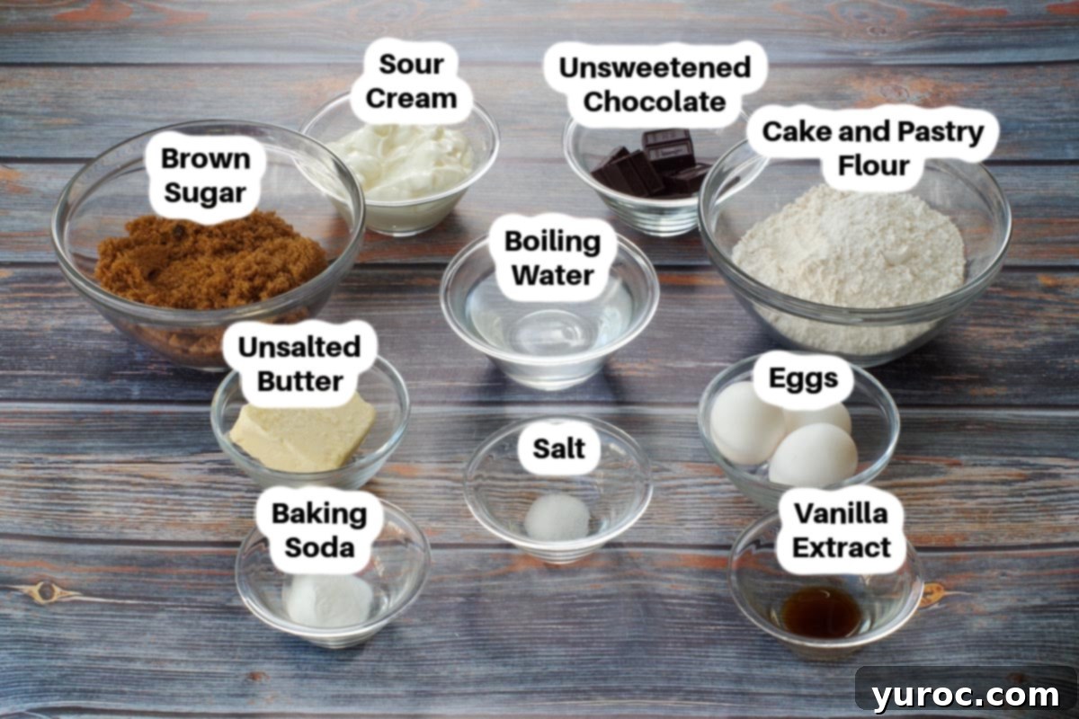 Heirloom Sour Cream Chocolate Cake 3 Ingredients in Old Fashioned Sour Cream Chocolate Cake in glass bowls, labelled.