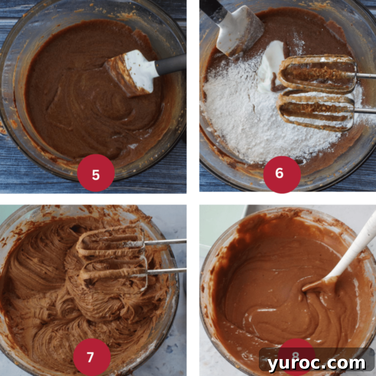 Heirloom Sour Cream Chocolate Cake 5 4 photo collage of batter being made.