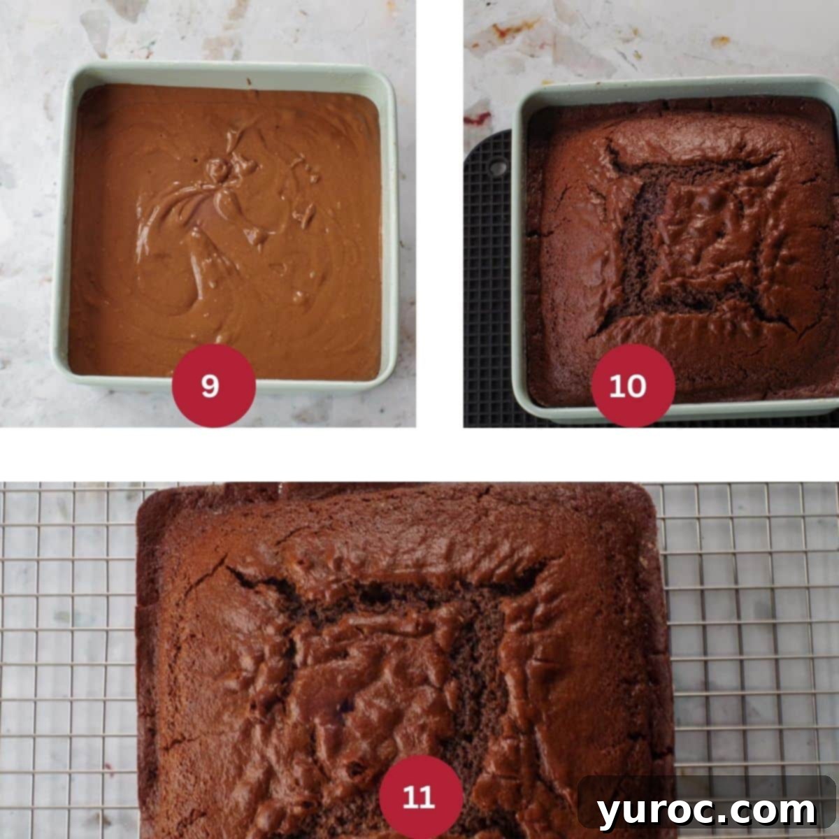Heirloom Sour Cream Chocolate Cake 6 3 photo collage of cake being baked and cooled in pan, then on wire rack.