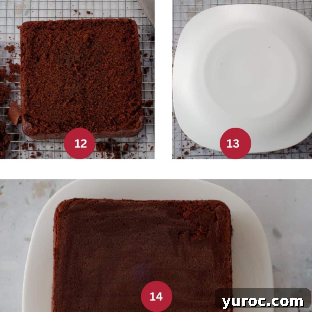 Heirloom Sour Cream Chocolate Cake 7 3 photo collage of cake being leveled and moved onto a serving plate.