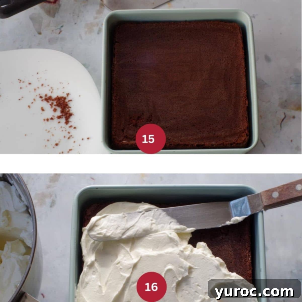 Heirloom Sour Cream Chocolate Cake 8 2 photo collage of cake put back in pan and being frosted.