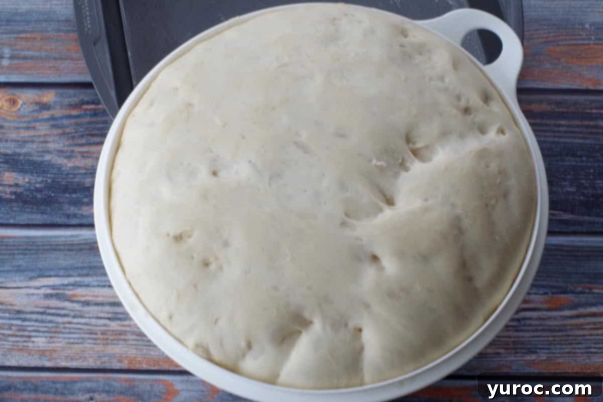 Dough that has doubled in size in a large white bowl, showing a successful second rise