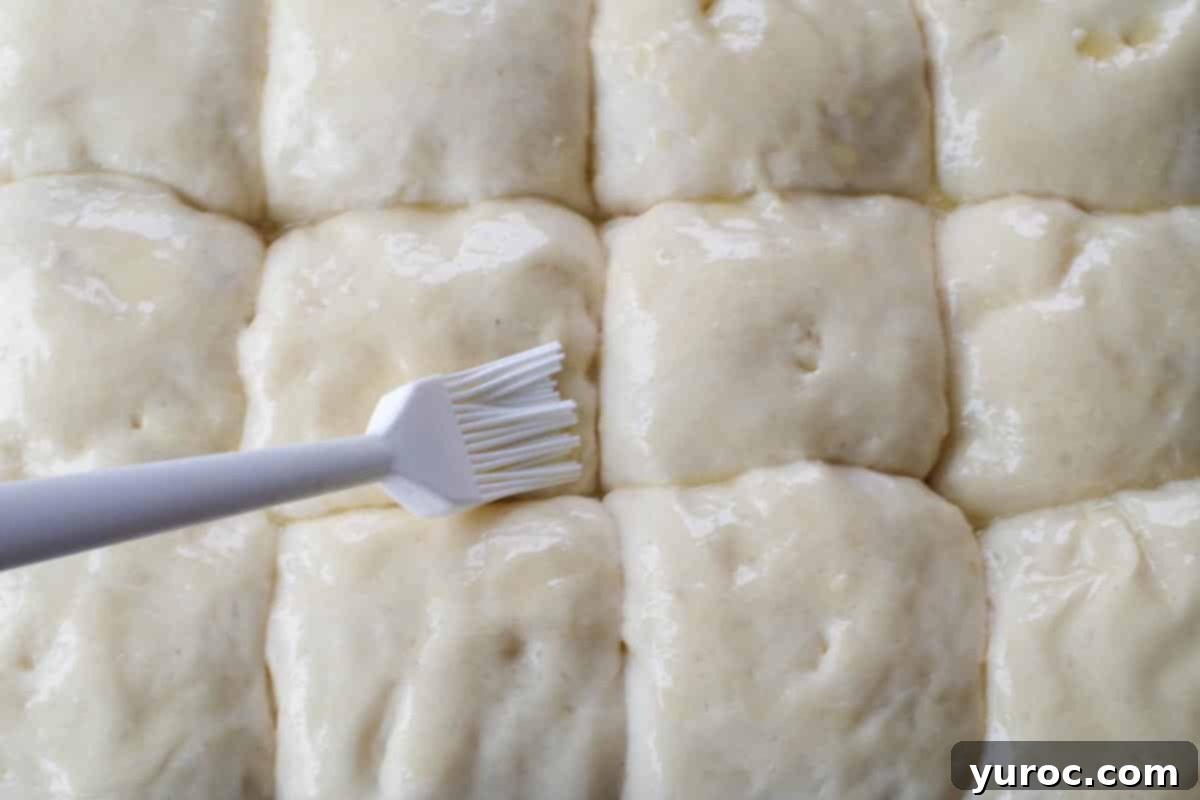Melted butter being brushed onto the tops of unbaked, risen buns in a pan