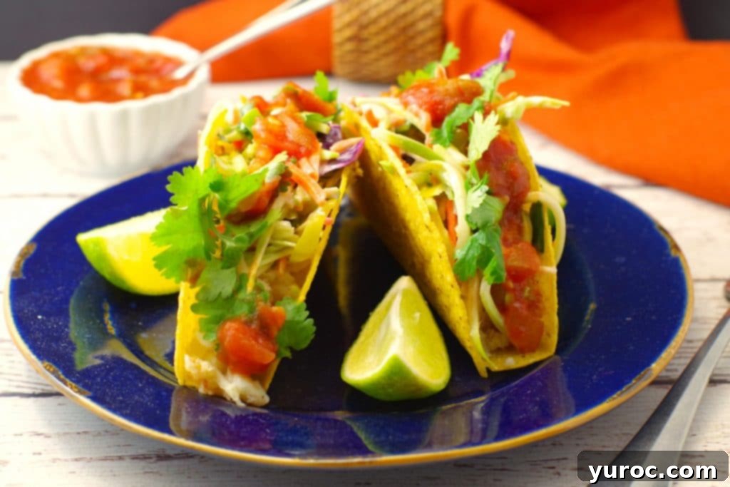 Fish tacos with slaw - no fishy taste - close up of a prepared taco