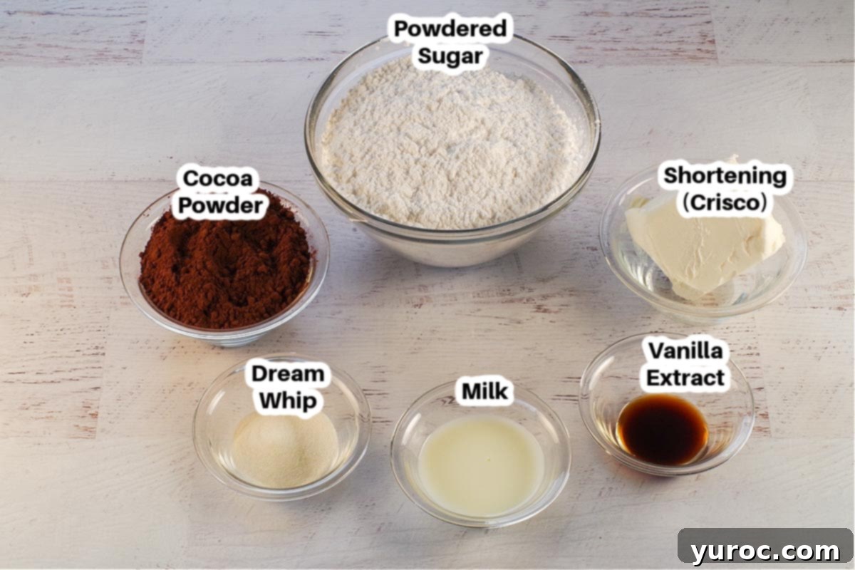 chocolate frosting without butter ingredients in glass bowls, labelled with their names