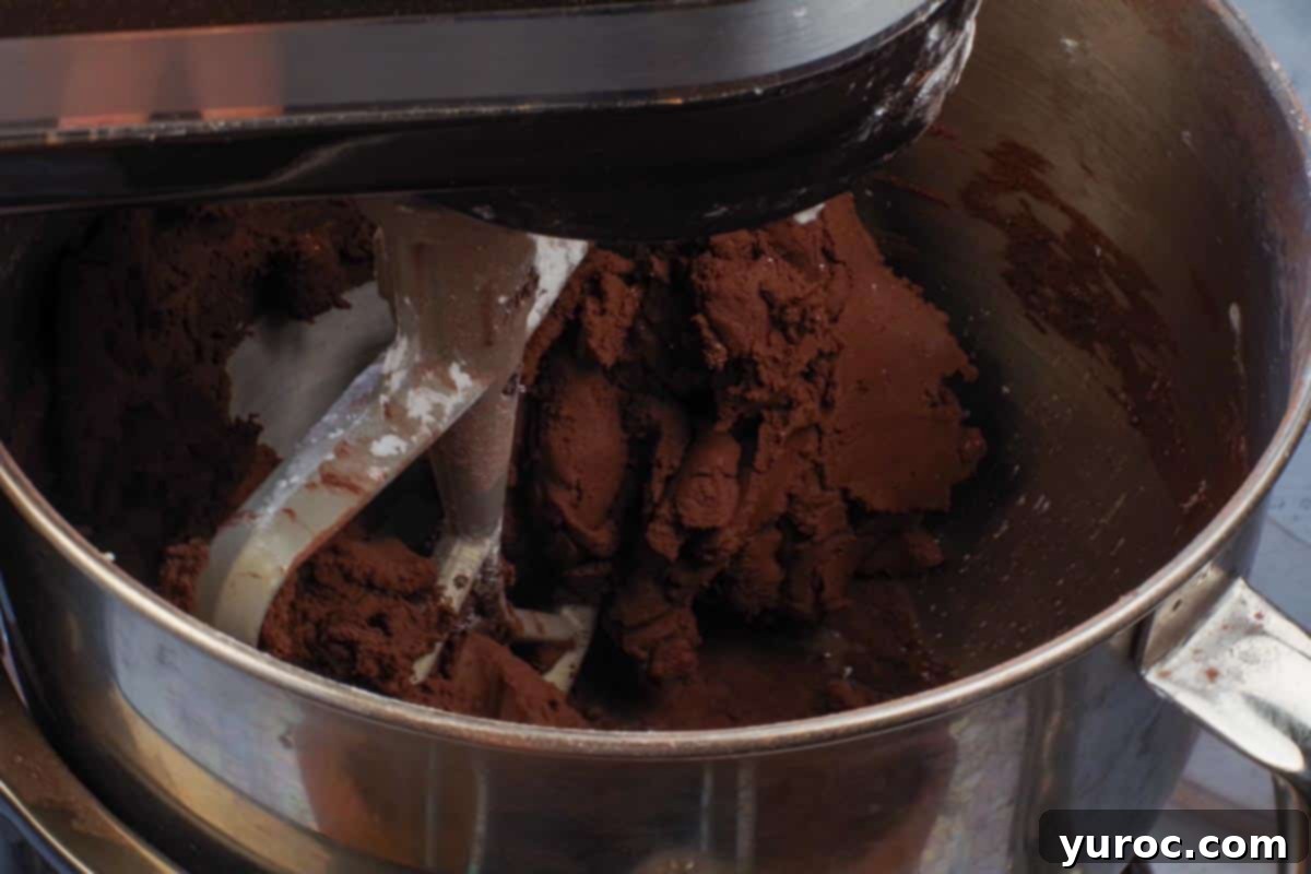 Powdered sugar, Dream whip, and cocoa powder being added to the whipped shortening in a mixer bowl