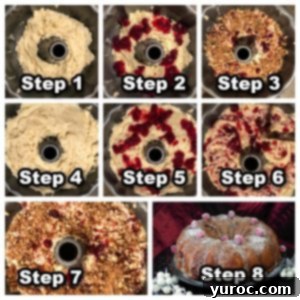 collage of 8 photos of how to make cranberry coffee cake
