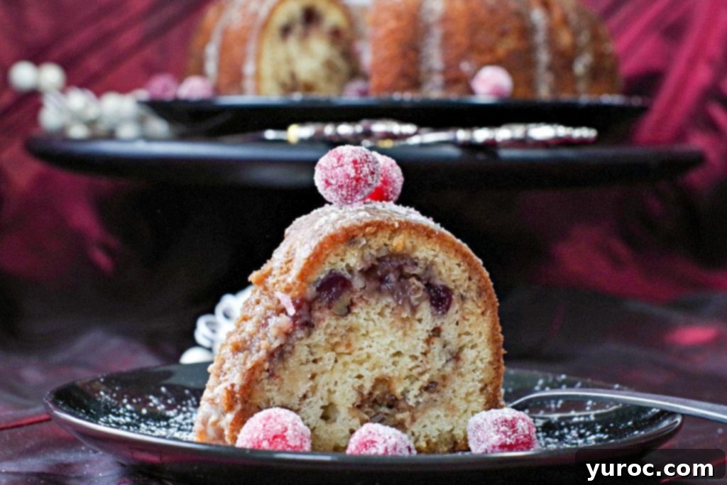 a slice of cranberry Christmas cake on a black plate with the remainder of whole cake in the background on a black cake serving plattter