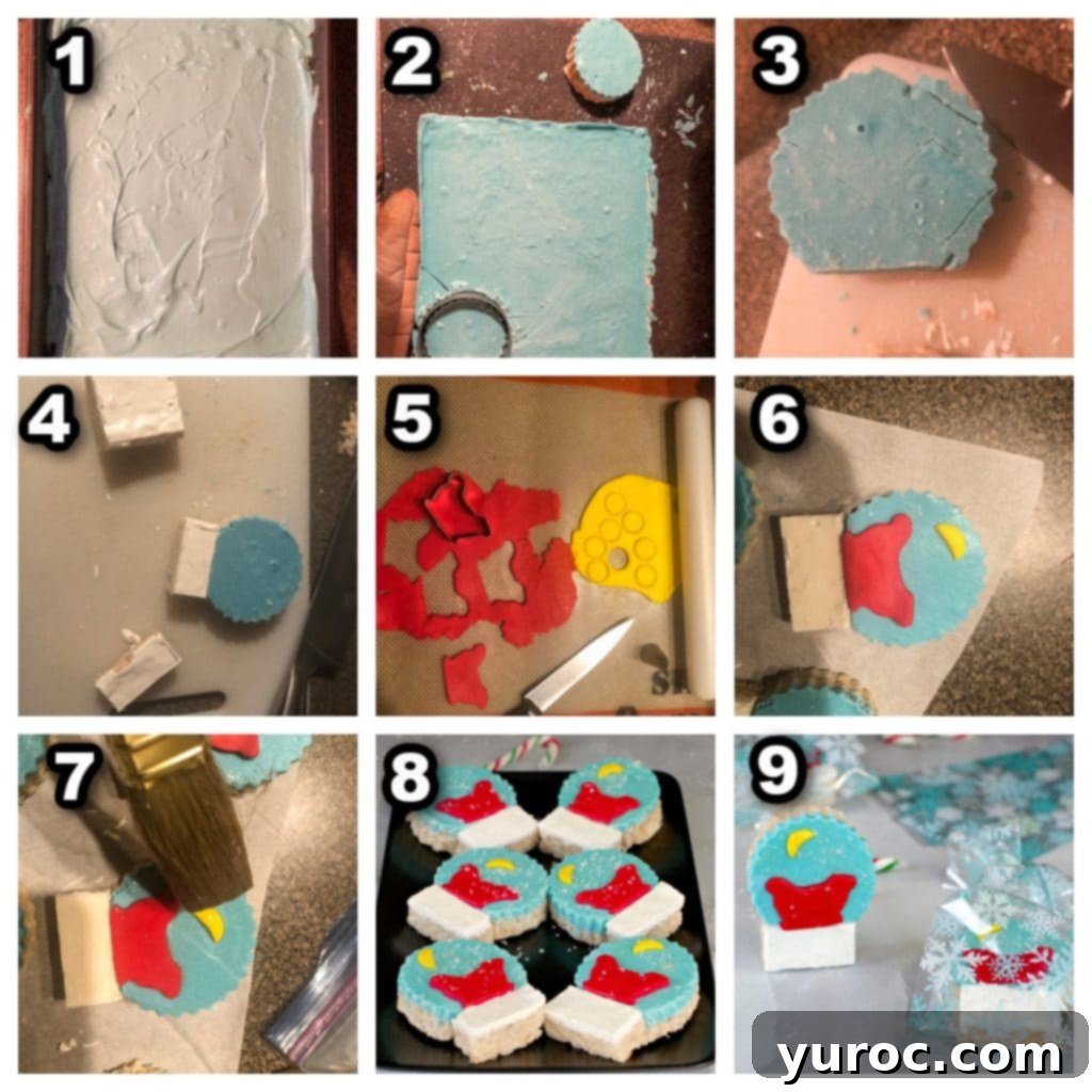 Festive Snow Globe Krispies 4 A collage of nine step-by-step photos illustrating the process of making Snow Globe Rice Krispie Treats.