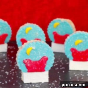 Festive Snow Globe Krispies 8 Snow Globe Rice Krispie Treats on a black platter with a festive red background, ready for the holidays.