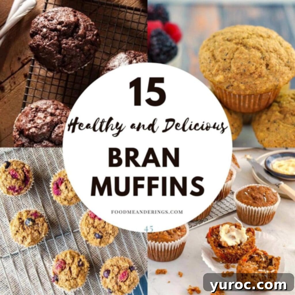 collage of 4 photos of different bran muffins with brown text on white background in the middle