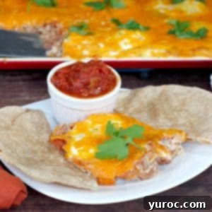 One-Pan Veggie Huevos Fiesta 14 sheet pan huevos rancheros on a white plate with tortilla and salsa and sheet pan in background