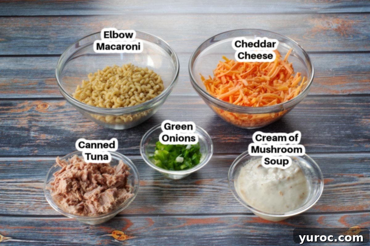 ingredients in tuna casserole in glass bowls, labelled