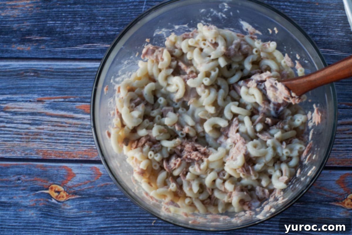 macaroni mixed with tuna and cream of mushroom soon