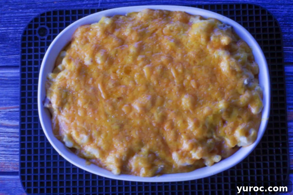 baked tuna casserole in white casserole dish on black trivet
