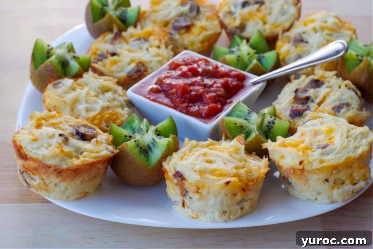 brunch bites on a white plate with kiwi flowers and salsa in the middle