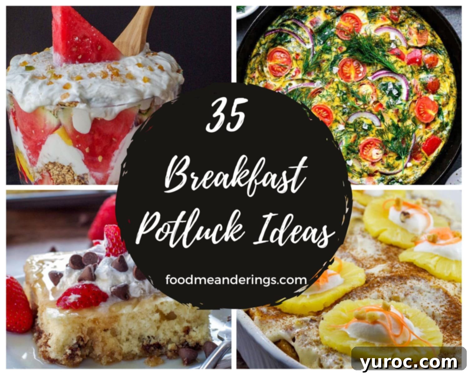 4 photos of breakfast potluck recipe ideas with white text on black circle in the middle