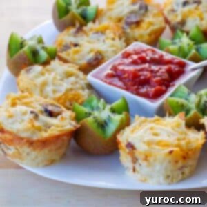 brunch bites on a white plate with kiwi flowers and salsa in the middle