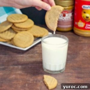 Chunky Peanut Butter and Cookie Butter Cookies 16 cookie butter cookie being dipped into a glass of milk