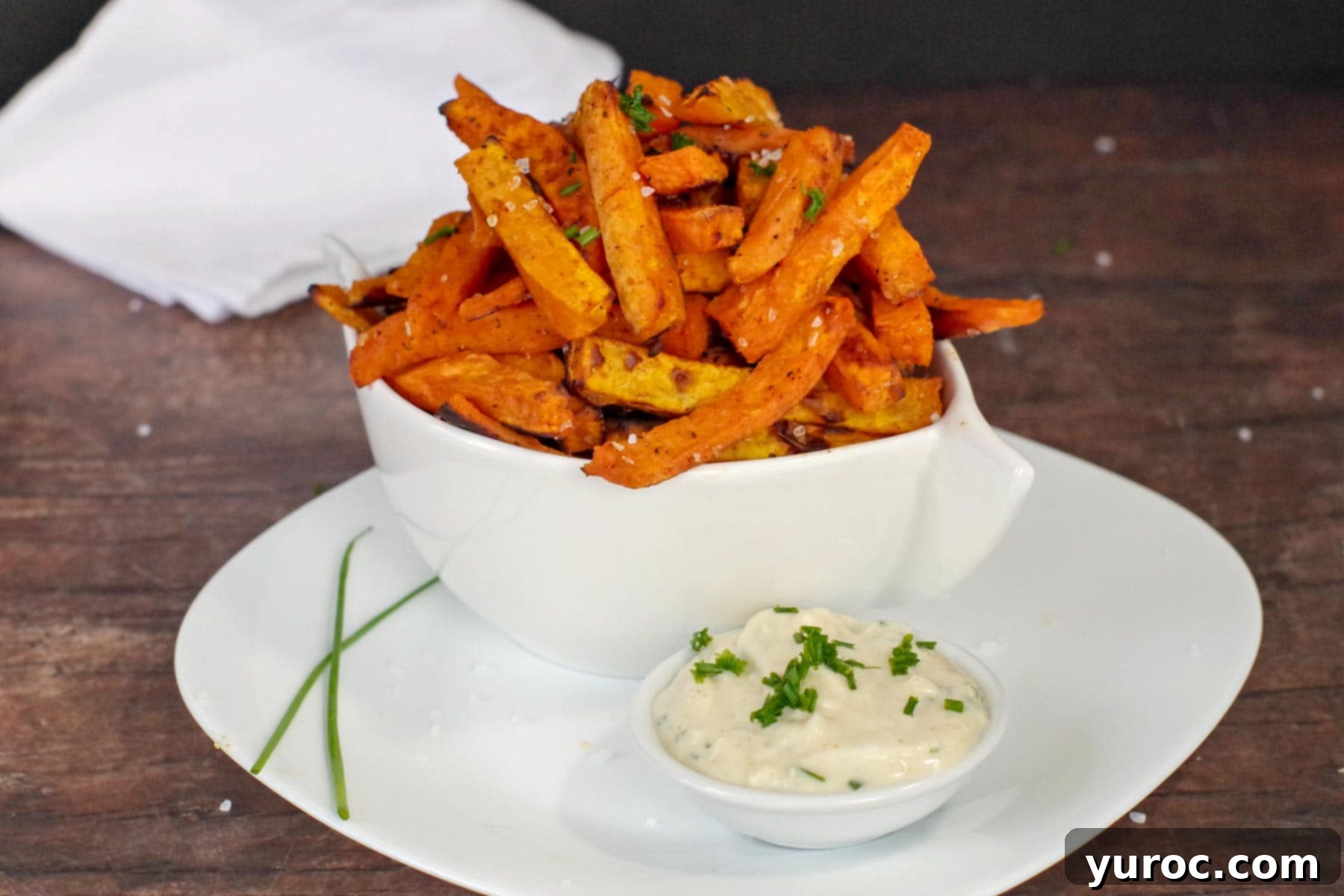 Sweet potato fries and dip in white plate on white bowl
