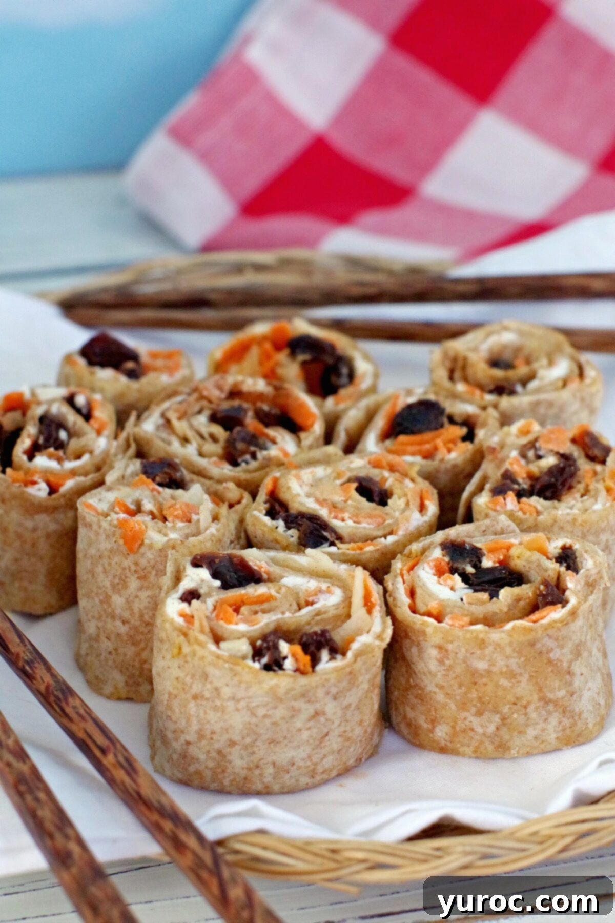 Cinnamon Raisin Tortilla Pinwheels 12 raisin sushi with chopsticks